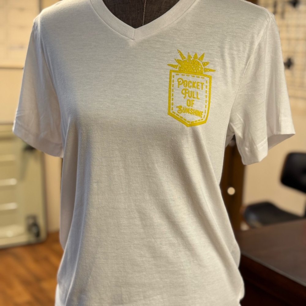 White V-Neck T-Shirt with Pocket Full of Sunshine Graphic